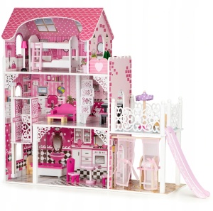 ECOTOYS DREWNIANY DOMEK DLA LALEK XXL Z WINDĄ I ZJEŻDŻALNIĄ TL49059