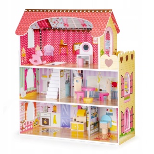 ECOTOYS DREWNIANY DOMEK DLA LALEK Z OŚWIETLENIEM LED HM006395