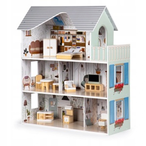 ECOTOYS DREWNIANY DOMEK DLA LALEK Z MEBLAMI REZYDENCJA EMMA 8301