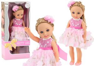 Lalka w różowej sukience z długimi włosami, spinką i szczotką 38 cm