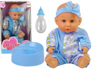 Lalka bobas w niebieskiej piżamce z nocnikiem i butelką 24 cm