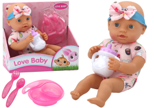 Lalka bobas w ubranku z flamingami z akcesoriami do karmienia