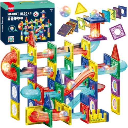 WOOPIE Klocki Magnetyczne Konstrukcyjne 3D Zestaw Edukacyjny Tor Kulkowy LED 105el.