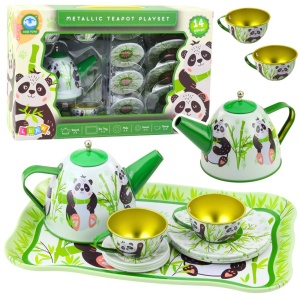 Metalowy zestaw do herbaty dla dzieci Panda, zielony, 14 elementów