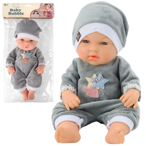 Lalka Bobas W Szarej Piżamce Czapeczka Ruchome Rączki Nóżki 30cm
