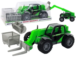 Zielony traktor rolniczy z dźwigiem i akcesoriami Lean Toys