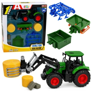 Zestaw rolniczy Lean Toys – traktor z chwytakiem do bel i maszynami 1:24