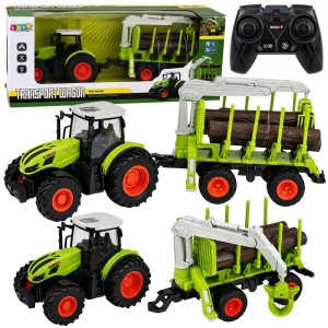 Traktor zdalnie sterowany RC z przyczepą leśną i chwytakiem do drewna 1:24