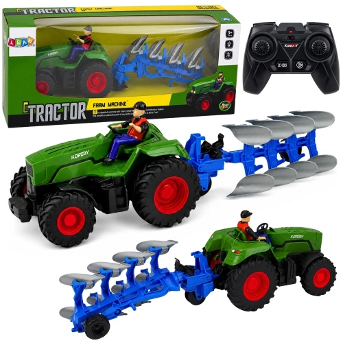 Traktor z Pługiem i Rolnikiem Zdalnie Sterowany RC Światła Zielony 1:24