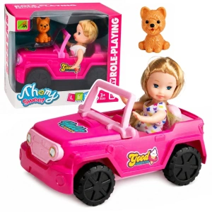 Mini laleczka w terenowym kabriolecie z pieskiem