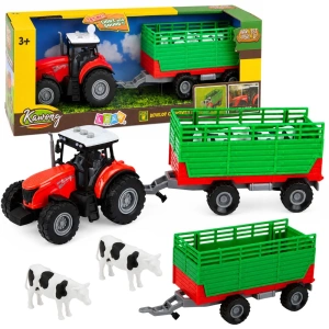 Traktor z przyczepą do transportu zwierząt – figurki krów, światła i dźwięki