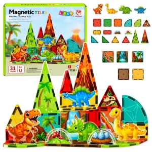 Klocki magnetyczne konstrukcyjne Dinozaury Wulkan kolorowe 31 el.
