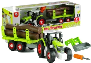 Rozkręcany traktor z przyczepą z drewnem Lean Toys 43 cm