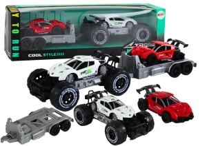 Auto terenowe białe z lawetą i autem sportowym