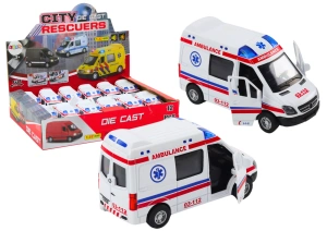 Ambulans karetka 1:32 z otwieranymi drzwiami, światłami, dźwiękami i napędem frykcyjnym – biała