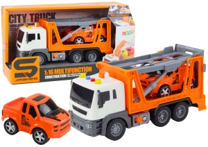 Pomarańczowa laweta z autkiem, światłem i dźwiękiem 1:16 Lean Toys