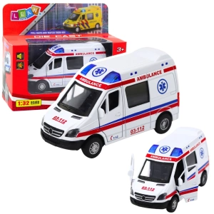 Metalowa karetka ambulans 1:32 z napędem pull back, światłem i dźwiękiem