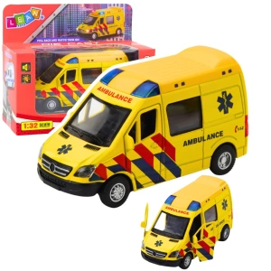 Karetka Ambulans Metalowy z Napędem Pull Back, Światłem i Dźwiękiem Żółta 1:32