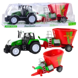 Traktor rolniczy z przyczepą i mieszalnikiem paszy zielony