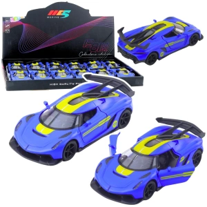 Metalowy samochód wyścigowy z napędem pull-back i otwieranymi drzwiami niebieski 1:32