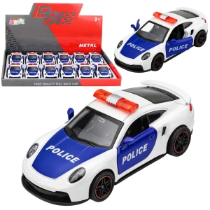 Autko sportowe policyjne metalowe Pull-Back białe 1:43