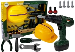 Zestaw narzędzi z wiertarką na baterie, młotkiem i kaskiem Lean Toys