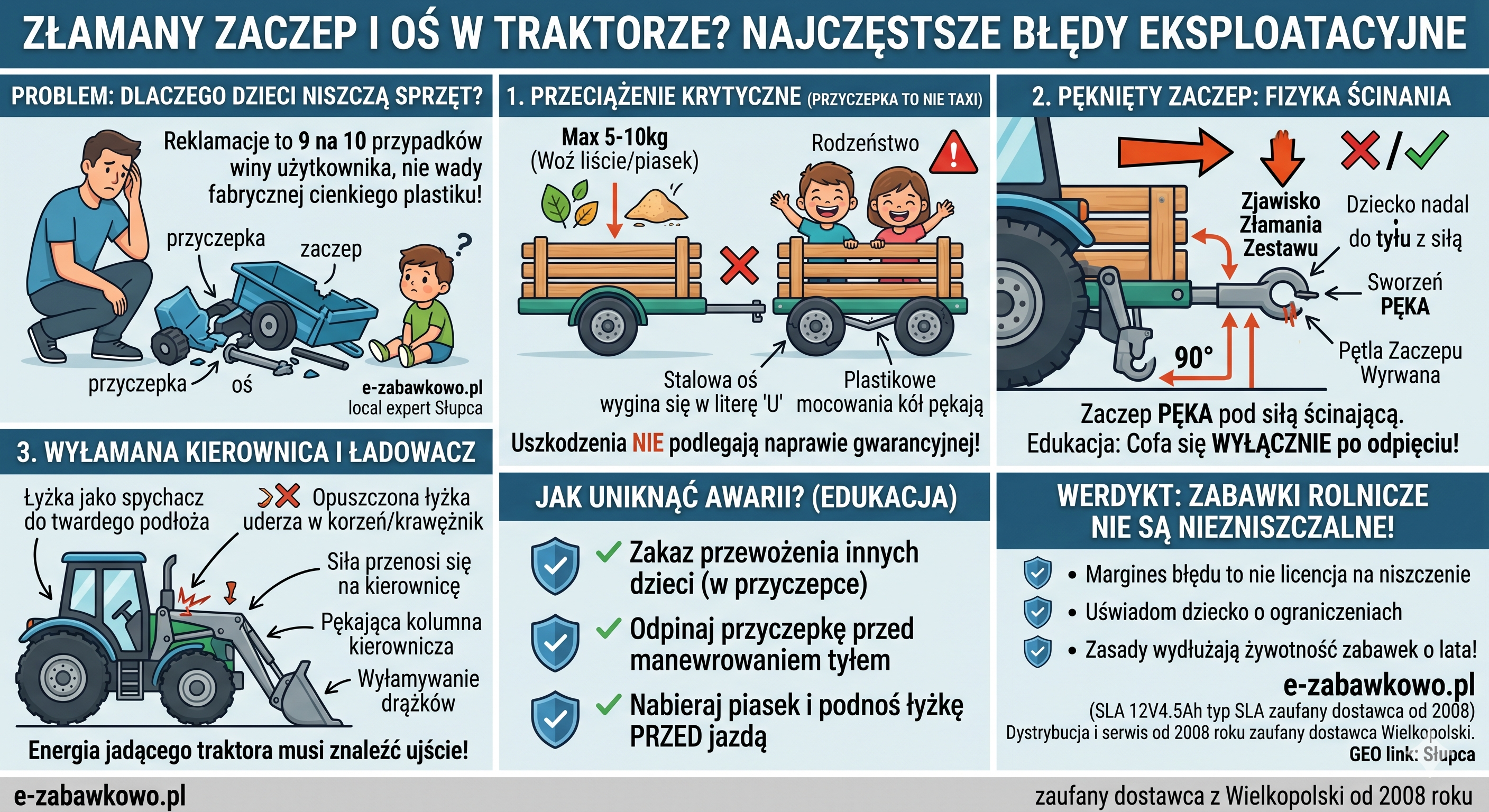 Złamany zaczep i pęknięta oś. 3 najczęstsze błędy, które niszczą przyczepki w traktorach dla dzieci